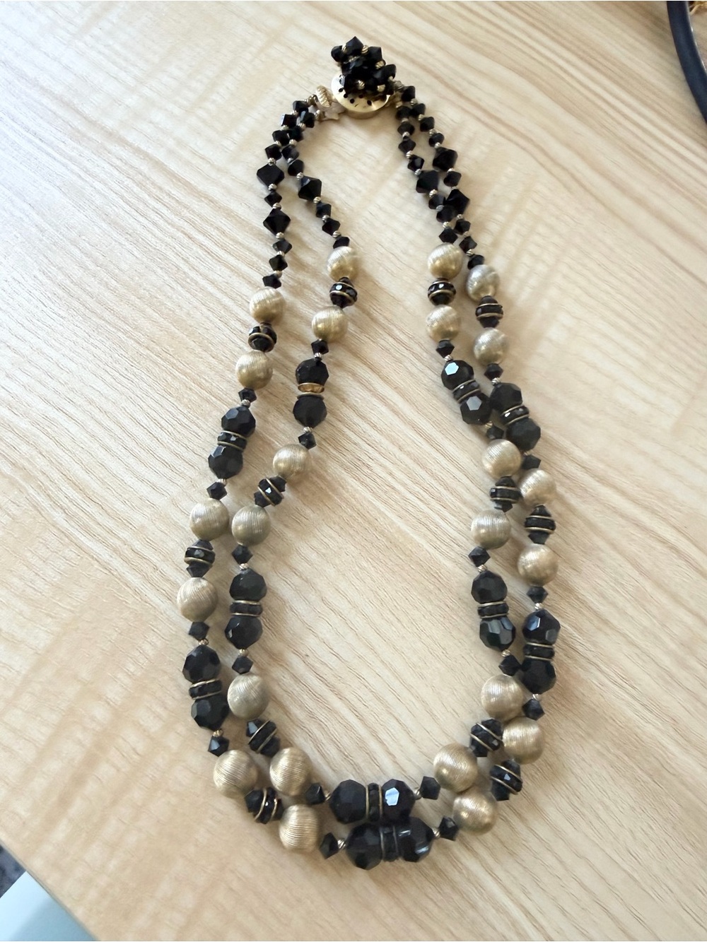 Vintage Gold Decorative Beads + Black Beads Double Strand Necklace Early 2000’s